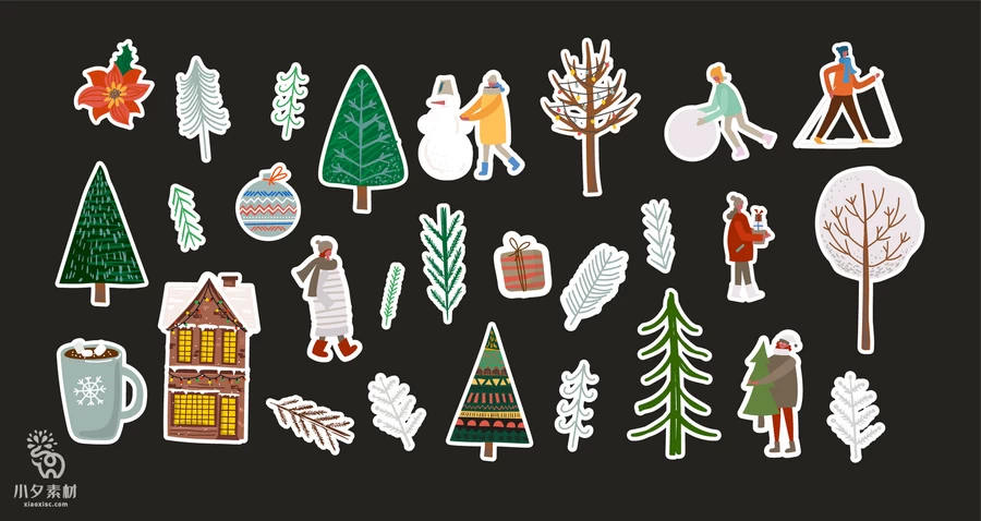 圣诞节圣诞老人圣诞树姜饼屋平安夜元素贴纸图案AI矢量设计素材【010】